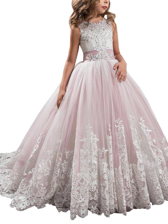 Vestidos de niña de las flores con cuello joya, sin mangas, estilo princesa, con lazo