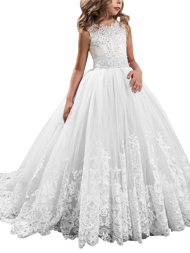 Vestidos de niña de las flores con cuello joya, sin mangas, estilo princesa, con lazo