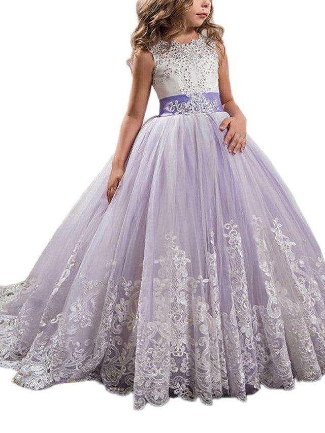 Vestidos de niña de las flores con cuello joya, sin mangas, estilo princesa, con lazo