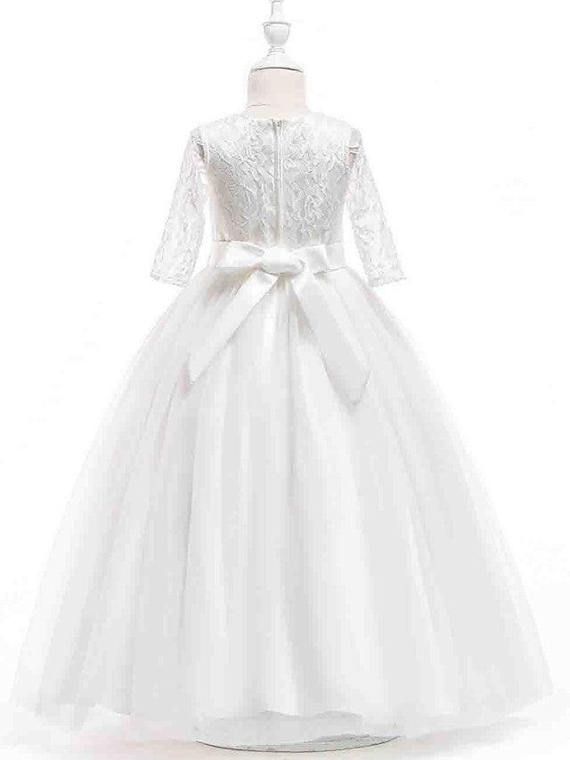 Prinzessin Tüll Spitze Halbarm Rundhals Hochzeit Erstkommunion Blumenmädchenkleider