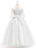 Prinzessin Tüll Spitze Halbarm Rundhals Hochzeit Erstkommunion Blumenmädchenkleider