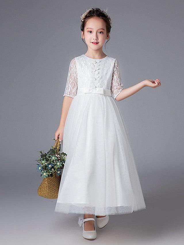 Prinzessin Tüll Spitze Halbarm Rundhals Hochzeit Erstkommunion Blumenmädchenkleider