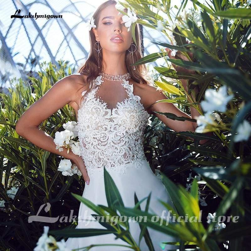 Vestido de novia princesa NumberSea Boho Línea A Cuello halter Sin espalda