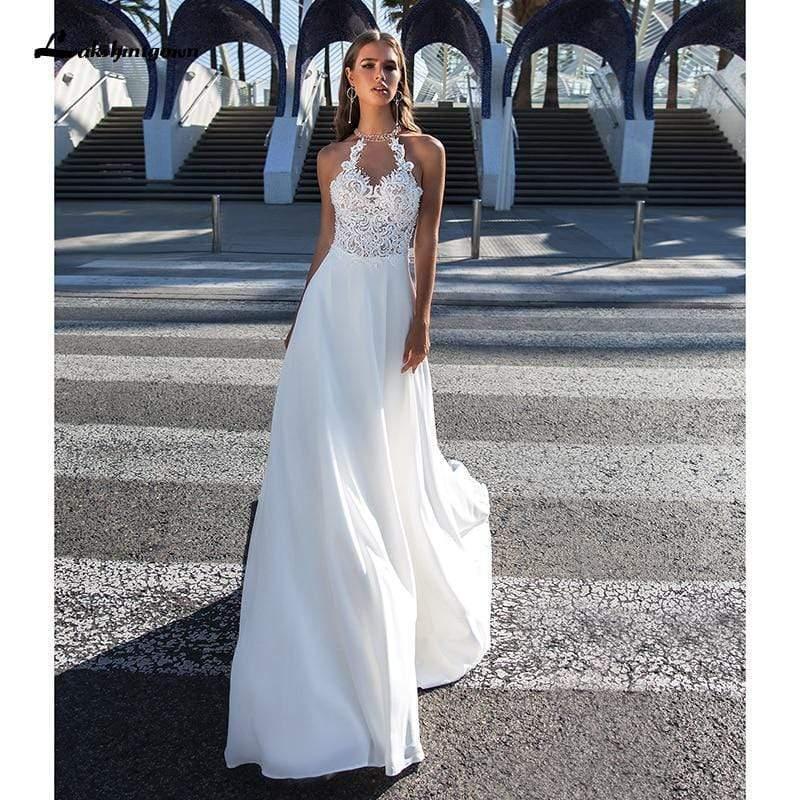Vestido de novia princesa NumberSea Boho Línea A Cuello halter Sin espalda