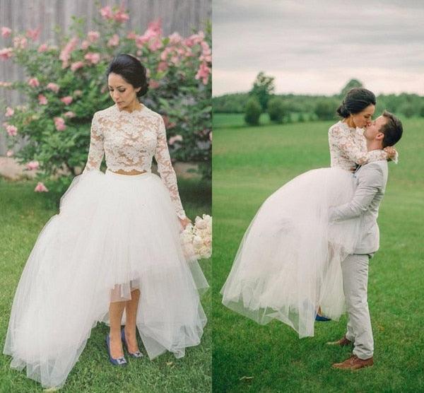 Vestidos de novia NumberSea 2019, dos piezas, falda de tul alta y baja, top de encaje, mangas largas, cuello redondo, vestido de novia para mujer