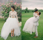 Vestidos de novia NumberSea 2019, dos piezas, falda de tul alta y baja, top de encaje, mangas largas, cuello redondo, vestido de novia para mujer
