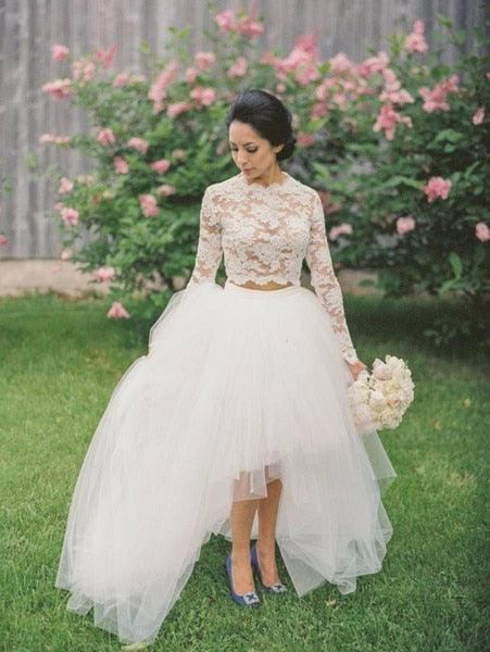 Vestidos de novia NumberSea 2019, dos piezas, falda de tul alta y baja, top de encaje, mangas largas, cuello redondo, vestido de novia para mujer