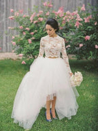 Vestidos de novia NumberSea 2019, dos piezas, falda de tul alta y baja, top de encaje, mangas largas, cuello redondo, vestido de novia para mujer