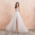 Vestido de novia NumberSea con escote en V, blanco marfil, sexy, aberturas altas, cuentas, perlas de cristal, corte en A, espalda descubierta