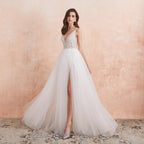 Vestido de novia NumberSea con escote en V, blanco marfil, sexy, aberturas altas, cuentas, perlas de cristal, corte en A, espalda descubierta