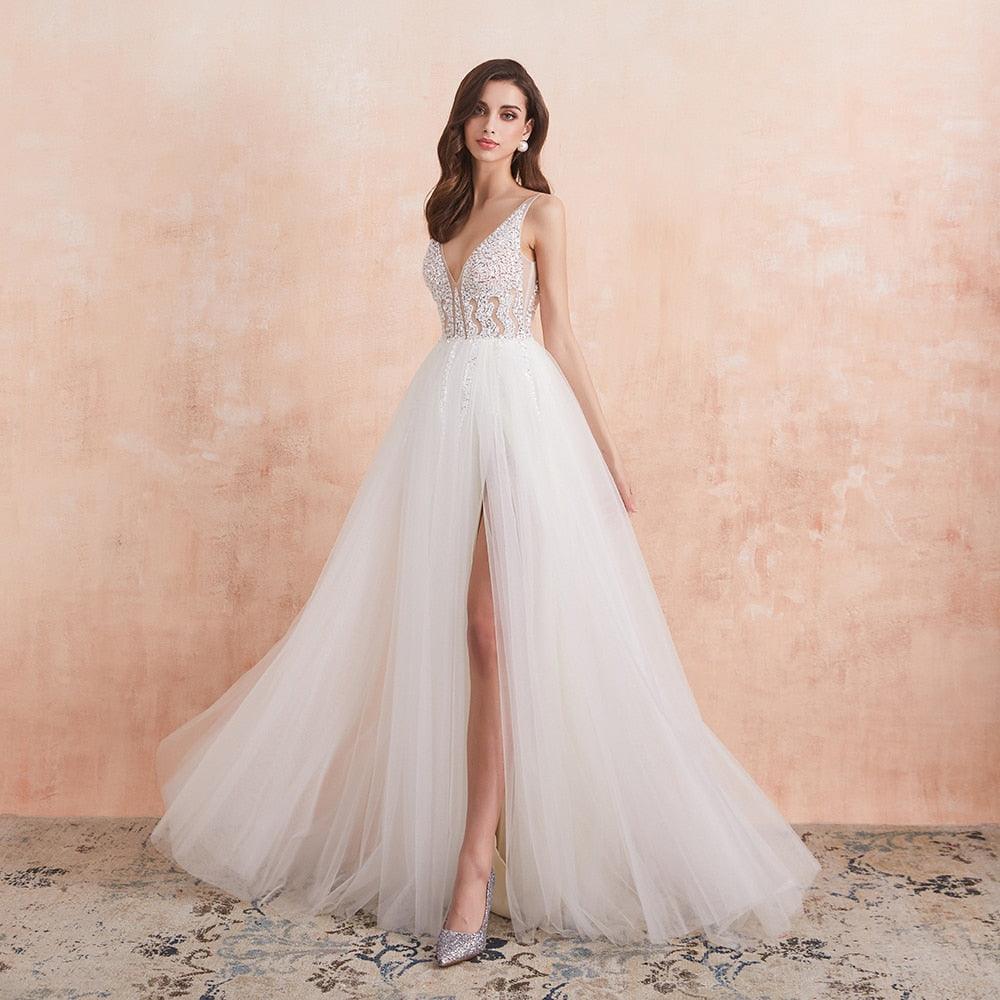 Vestido de novia NumberSea con escote en V, blanco marfil, sexy, aberturas altas, cuentas, perlas de cristal, corte en A, espalda descubierta