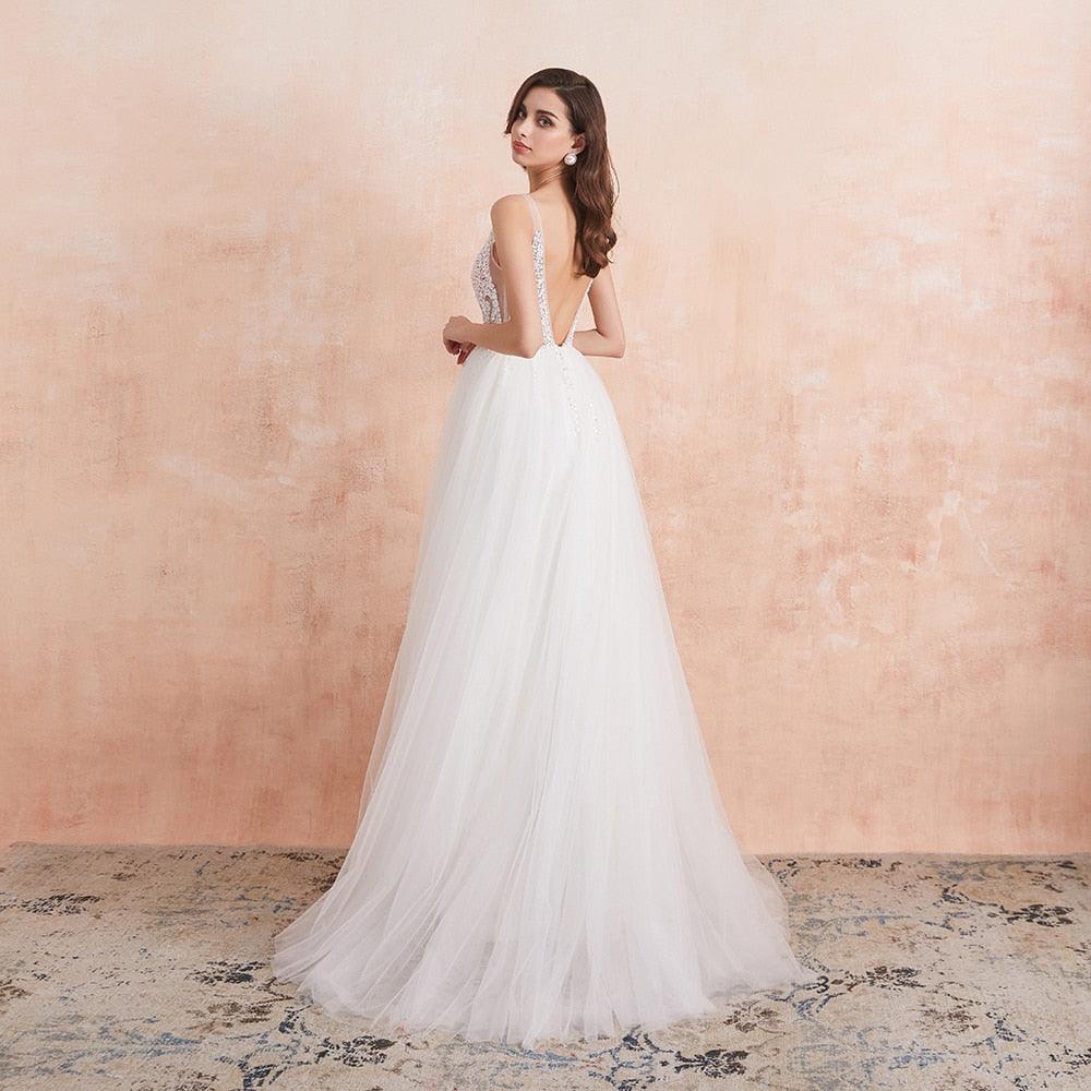 Vestido de novia NumberSea con escote en V, blanco marfil, sexy, aberturas altas, cuentas, perlas de cristal, corte en A, espalda descubierta