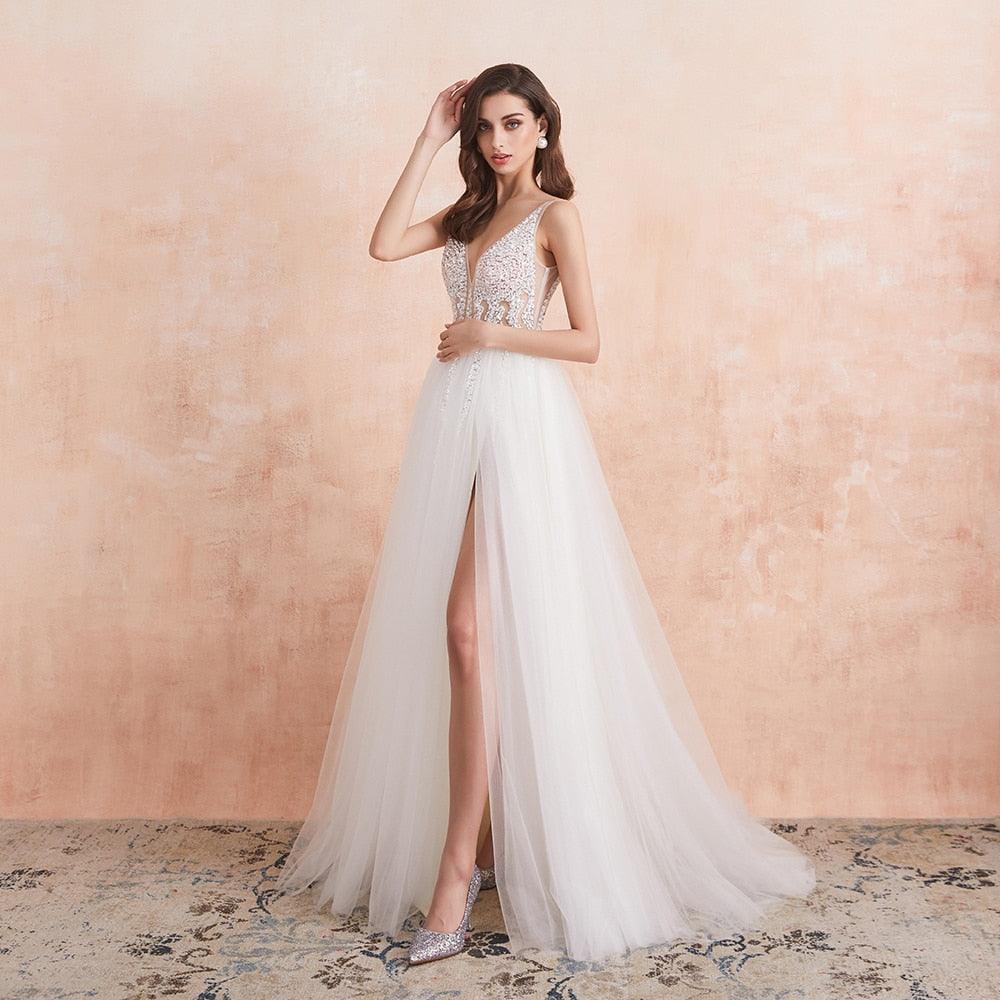 Vestido de novia NumberSea con escote en V, blanco marfil, sexy, aberturas altas, cuentas, perlas de cristal, corte en A, espalda descubierta