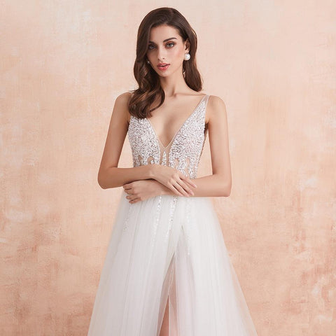NumberSea V Neck Wedding Dress White Ivory Sexy High Splits Beaded Beading Pearls Crystal A Line Backless Bridal Gown Vestido De Noiva