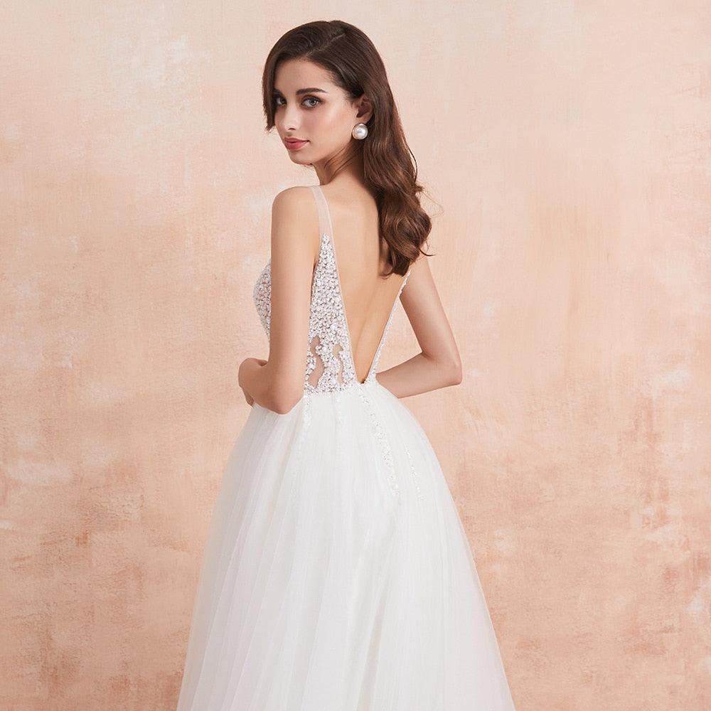 Vestido de novia NumberSea con escote en V, blanco marfil, sexy, aberturas altas, cuentas, perlas de cristal, corte en A, espalda descubierta