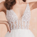 Vestido de novia NumberSea con escote en V, blanco marfil, sexy, aberturas altas, cuentas, perlas de cristal, corte en A, espalda descubierta