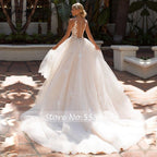Vestido de novia elegante de encaje con escote redondo y mangas cortas con apliques y botones de NumberSea Traugel, vestido de novia con cola de corte en talla grande