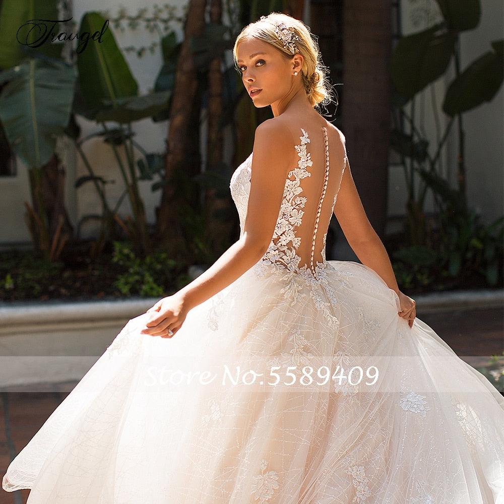 Vestido de novia elegante de encaje con escote redondo y mangas cortas con apliques y botones de NumberSea Traugel, vestido de novia con cola de corte en talla grande