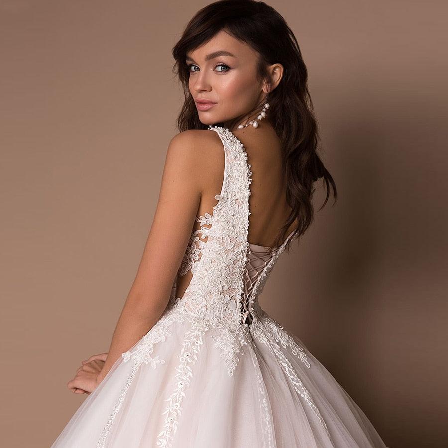 Vestidos de novia NumberSea sexys con escote en V y sin mangas, diseño personalizado, sin mangas, con apliques de cuentas, vestido de novia