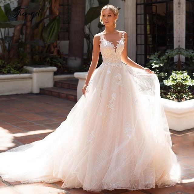 Vestido de novia elegante de encaje con escote redondo y mangas cortas con apliques y botones de NumberSea Traugel, vestido de novia con cola de corte en talla grande