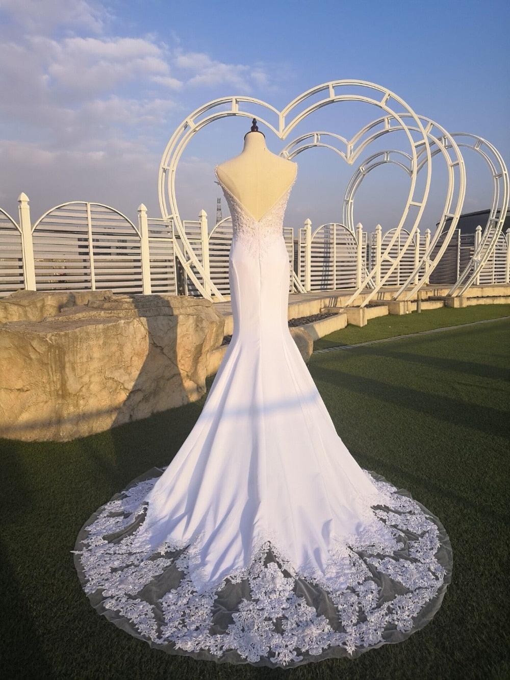 NumberSea - Vestidos de novia estilo sirena con escote en V y apliques de encaje, estilo bohemio, sin espalda, sexy, para casamiento