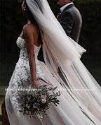Vestido de novia NumberSea con encaje transparente, flores 3D y apliques, sin tirantes, de tul dividido, color gris oscuro y plateado, estilo bohemio playero, con cristales