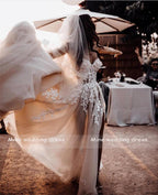 Vestido de novia NumberSea con encaje transparente, flores 3D y apliques, sin tirantes, de tul dividido, color gris oscuro y plateado, estilo bohemio playero, con cristales