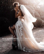 Vestido de novia NumberSea con encaje transparente, flores 3D y apliques, sin tirantes, de tul dividido, color gris oscuro y plateado, estilo bohemio playero, con cristales