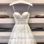 NumberSea Vestido de novia sexy línea A Tirantes finos de encaje vintage con apliques de cuentas de tul blanco roto Mariage Vestido de novia largo