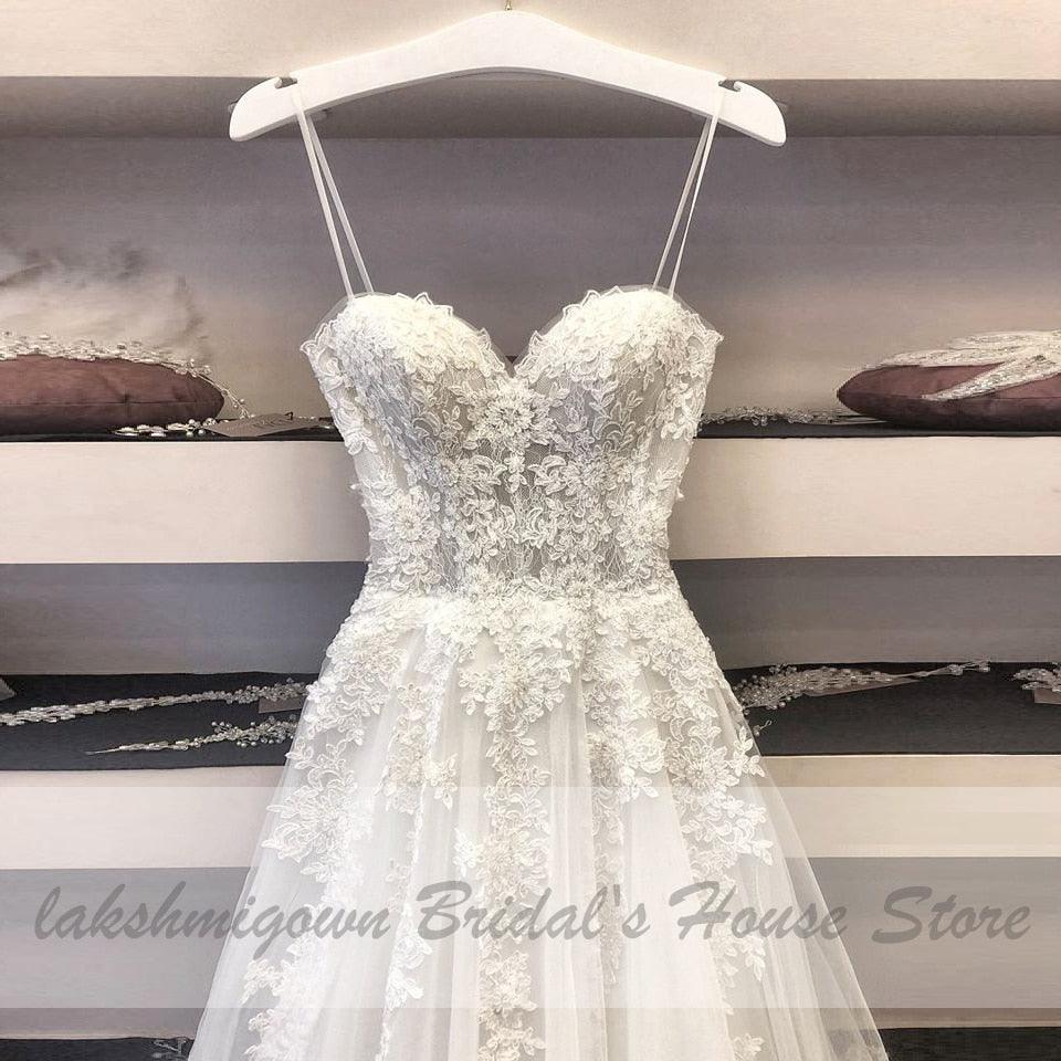 NumberSea Vestido de novia sexy línea A Tirantes finos de encaje vintage con apliques de cuentas de tul blanco roto Mariage Vestido de novia largo