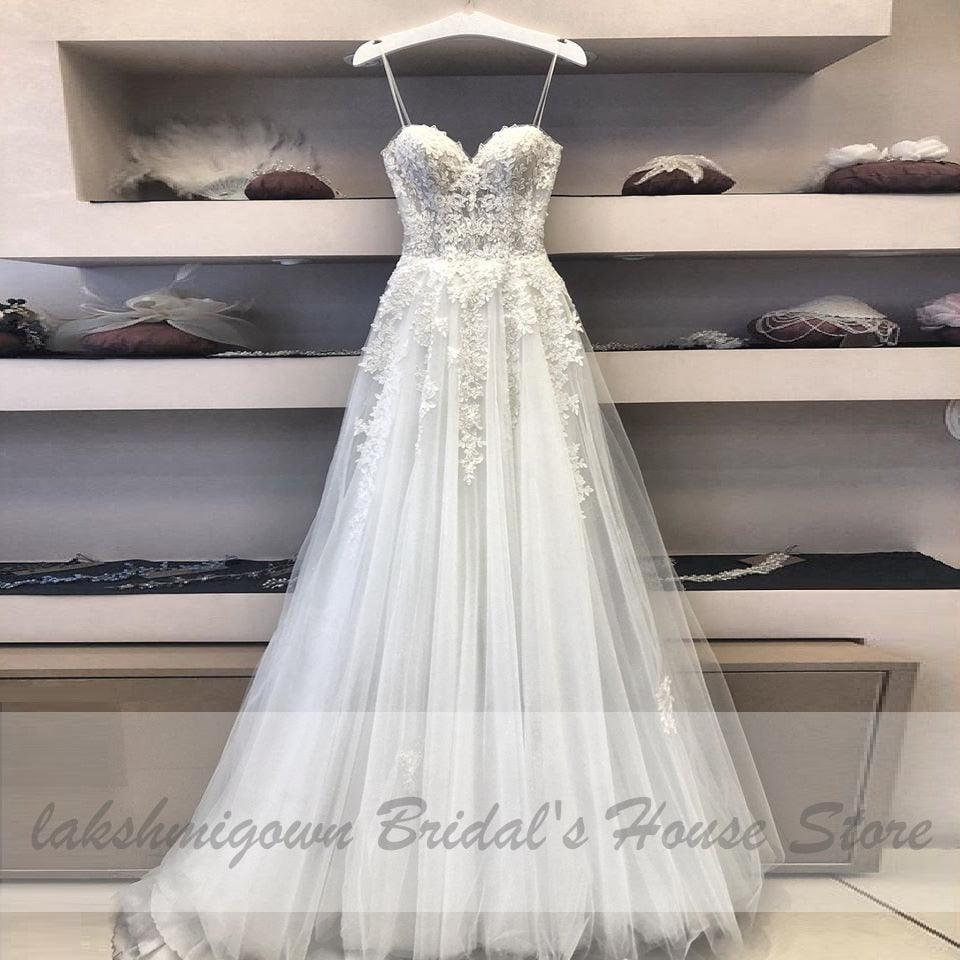 NumberSea Vestido de novia sexy línea A Tirantes finos de encaje vintage con apliques de cuentas de tul blanco roto Mariage Vestido de novia largo