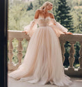 Vestido de novia NumberSea, vestidos de baile, manga larga abombada, champán, hombros descubiertos, vestidos de novia brillantes, bata de boda bohème, vestidos de novia
