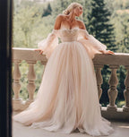 Vestido de novia NumberSea, vestidos de baile, manga larga abombada, champán, hombros descubiertos, vestidos de novia brillantes, bata de boda bohème, vestidos de novia