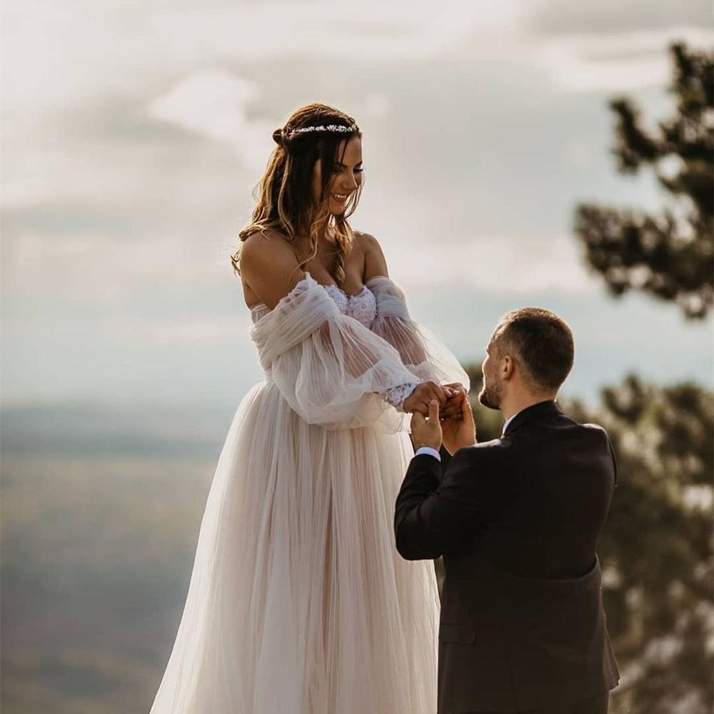 Vestido de novia NumberSea, vestidos de baile, manga larga abombada, champán, hombros descubiertos, vestidos de novia brillantes, bata de boda bohème, vestidos de novia