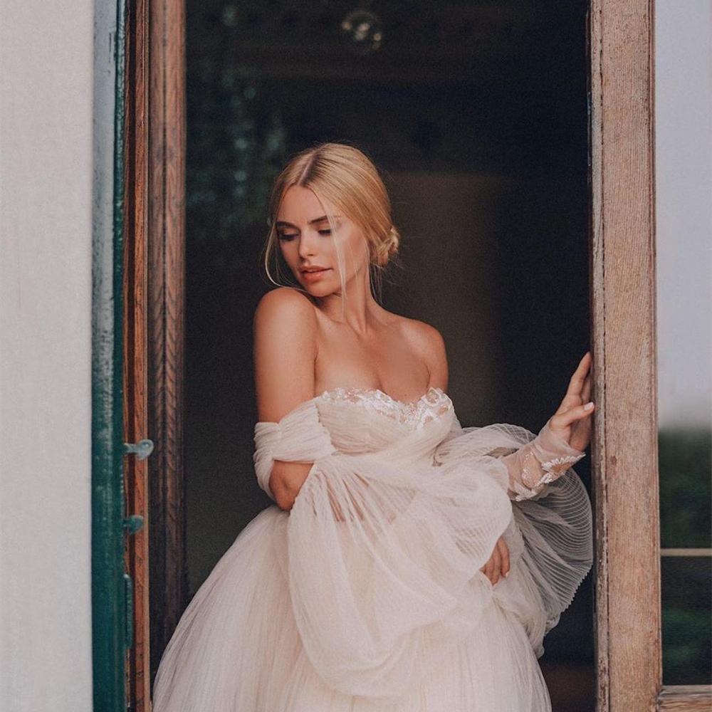 Vestido de novia NumberSea, vestidos de baile, manga larga abombada, champán, hombros descubiertos, vestidos de novia brillantes, bata de boda bohème, vestidos de novia