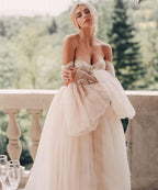 Vestido de novia NumberSea, vestidos de baile, manga larga abombada, champán, hombros descubiertos, vestidos de novia brillantes, bata de boda bohème, vestidos de novia