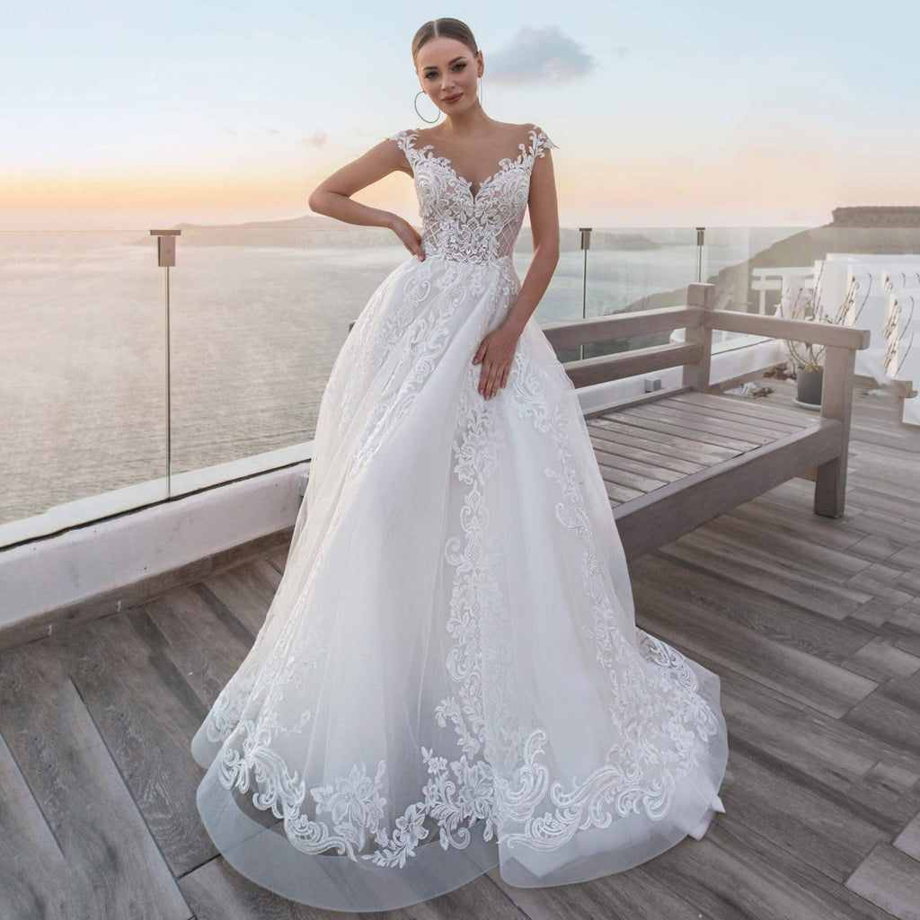Vestido de novia NumberSea de tul, nuevo, corte A, con apliques de encaje, cuello redondo, sin mangas, espalda descubierta, largo hasta el suelo, con botones