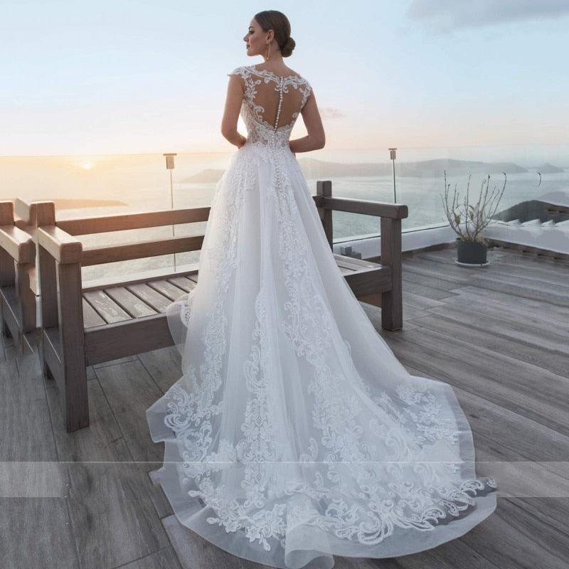 Vestido de novia NumberSea de tul, nuevo, corte A, con apliques de encaje, cuello redondo, sin mangas, espalda descubierta, largo hasta el suelo, con botones