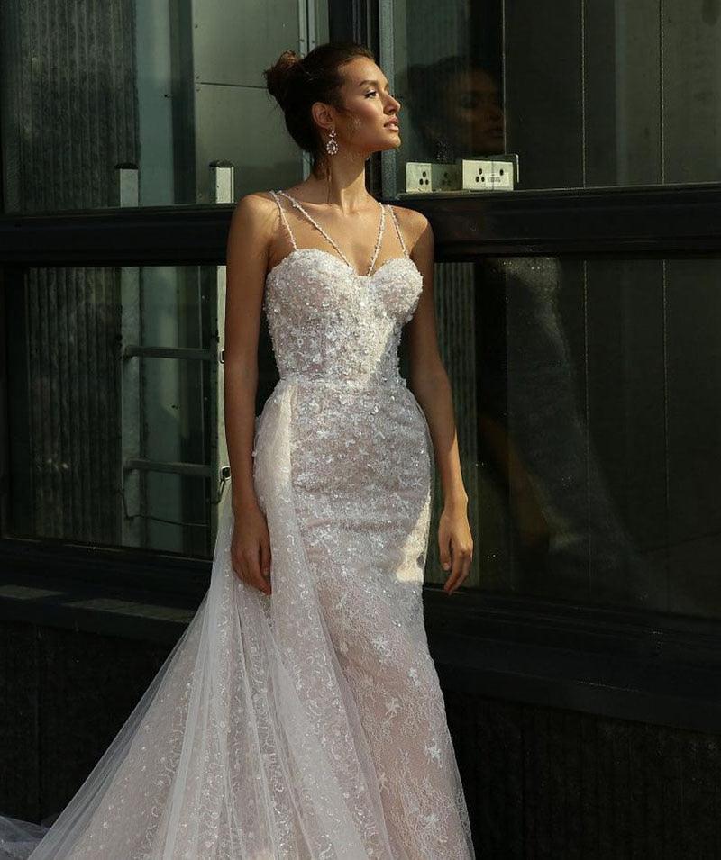Vestido de novia vintage de sirena NumberSea, sexy, con escote en forma de corazón y apliques de encaje, 2 en 1, con falda desmontable.