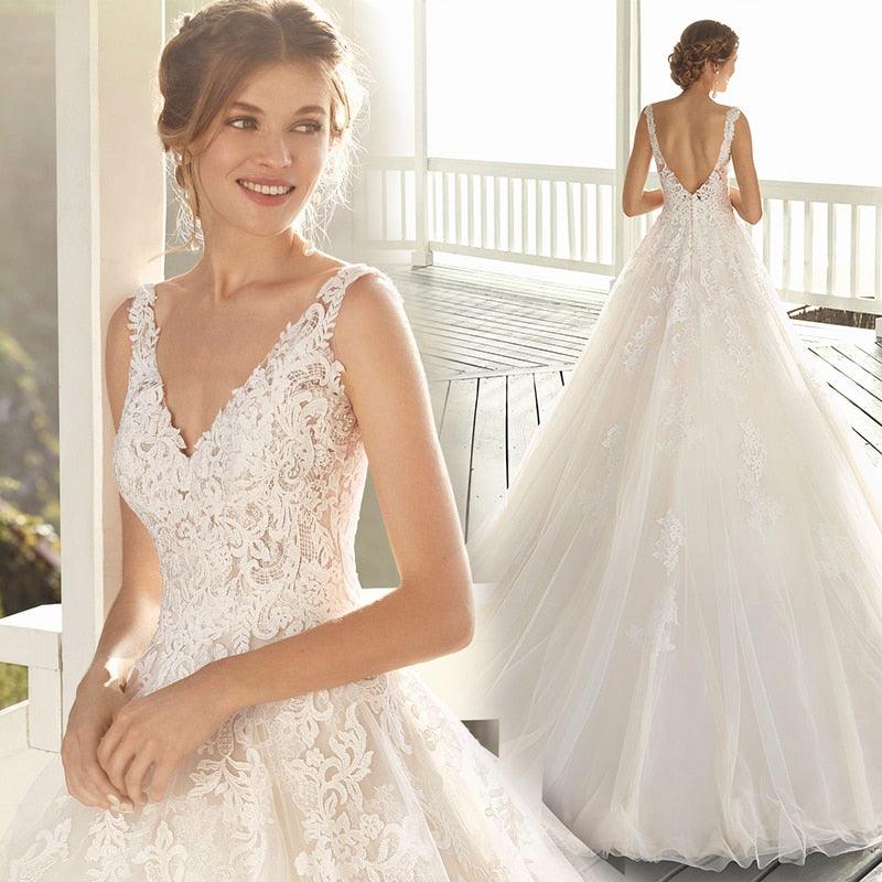 Vestido de novia NumberSea de lujo, sexy, con escote en V, corte en cola, sin espalda, estilo princesa, talla personalizada