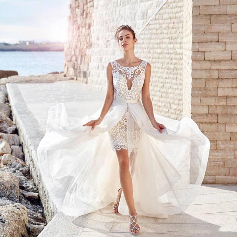 Vestido de novia NumberSea Boho 2021 Vintage 2 en 1 Delantero Corto Espalda Larga Gasa Simple Playa Manga Civil Rústico Robe De Mariee Encantador
