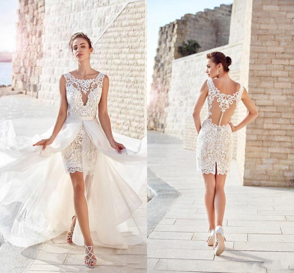 Vestido de novia NumberSea Boho 2021 Vintage 2 en 1 Delantero Corto Espalda Larga Gasa Simple Playa Manga Civil Rústico Robe De Mariee Encantador