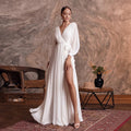 Vestido de novia sencillo NumberSea, sexy, con escote en V, mangas largas, de gasa lisa, corte A, para playa, con abertura lateral