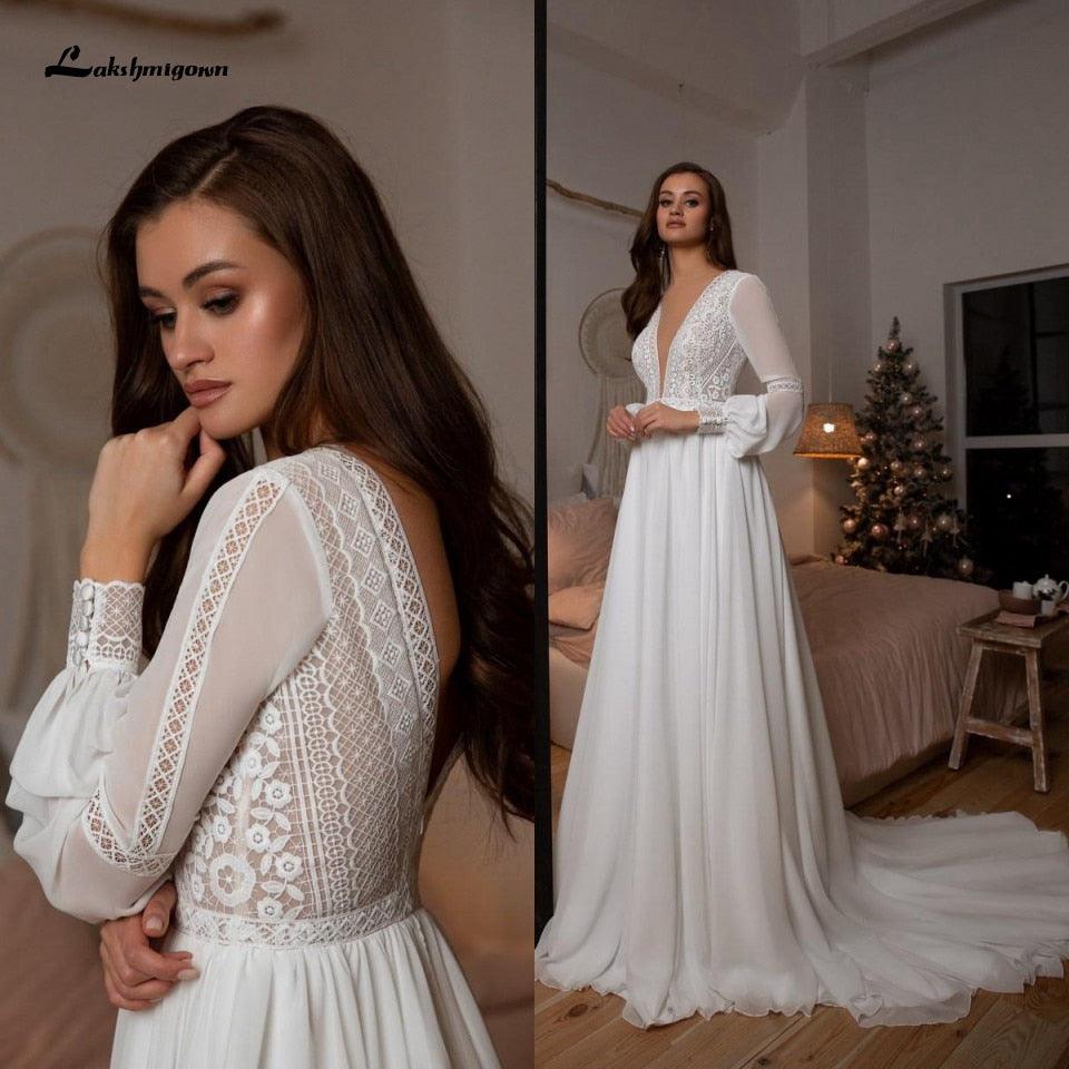 Vestidos de novia bohemios de NumberSea, vestidos de novia de manga larga, corte A, sencillos, de playa, de gasa, largos, con escote en V profundo