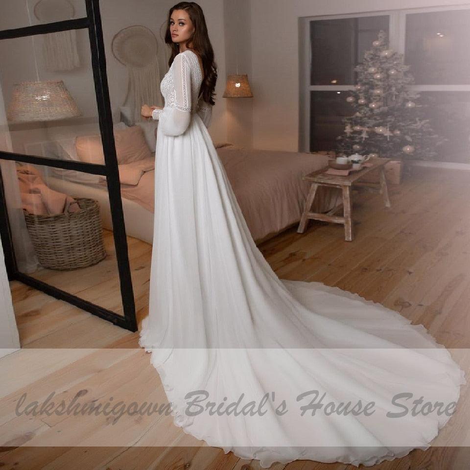 Vestidos de novia bohemios de NumberSea, vestidos de novia de manga larga, corte A, sencillos, de playa, de gasa, largos, con escote en V profundo