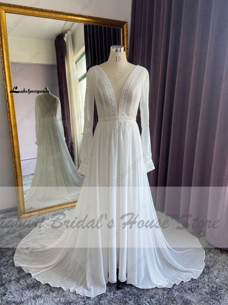 Vestidos de novia bohemios de NumberSea, vestidos de novia de manga larga, corte A, sencillos, de playa, de gasa, largos, con escote en V profundo