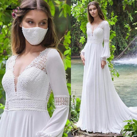 Vestido de novia vintage NumberSea con mangas largas abullonadas, encaje y gasa, corte A, espalda descubierta, sexy, estilo bohemio, novedad de 2021.