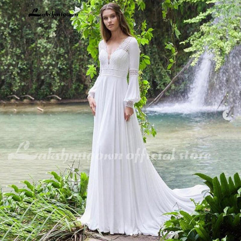 Vestido de novia vintage NumberSea con mangas largas abullonadas, encaje y gasa, corte A, espalda descubierta, sexy, estilo bohemio, novedad de 2021.
