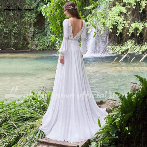 Vestido de novia vintage NumberSea con mangas largas abullonadas, encaje y gasa, corte A, espalda descubierta, sexy, estilo bohemio, novedad de 2021.