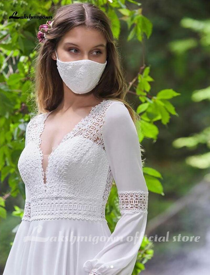 Vestido de novia vintage NumberSea con mangas largas abullonadas, encaje y gasa, corte A, espalda descubierta, sexy, estilo bohemio, novedad de 2021.